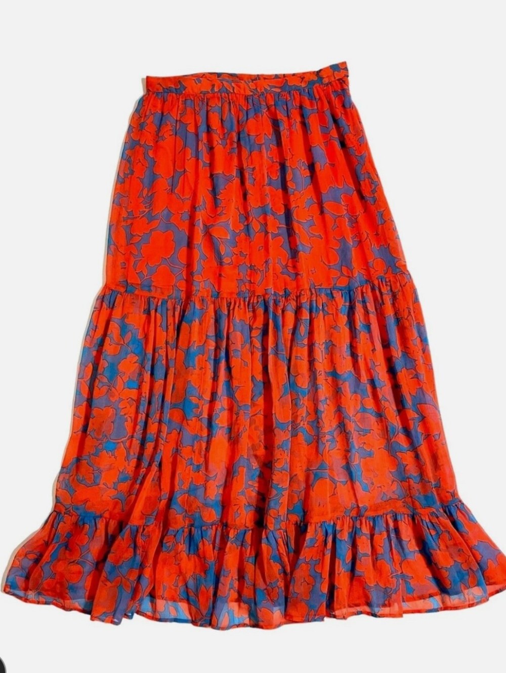 H&M Red-orange and Blue Floral Tiered Maxi Skirt